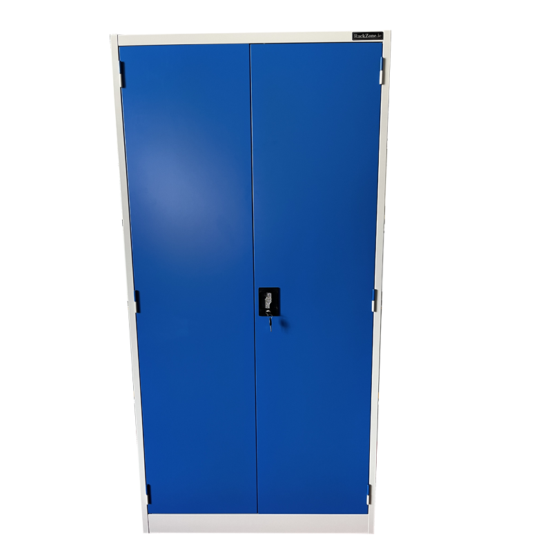 RackZone Two Door Storage Cabinet with locks and adjustable shelves, blue steel.