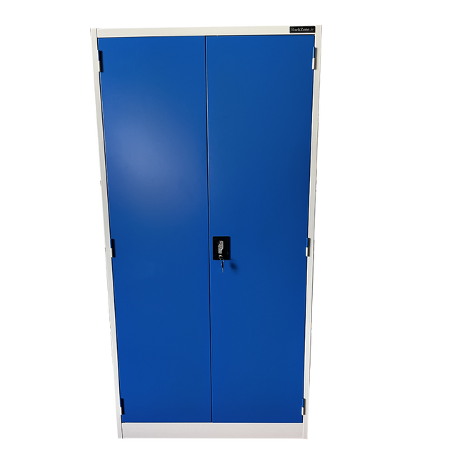 RackZone Two Door Storage Cabinet with locks and adjustable shelves, blue steel.