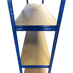 Top view of 5 RackZone Value Shelving units, all blue, 4 tiers, steel & wood.