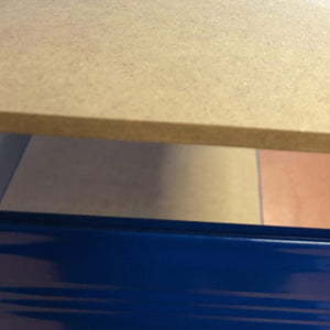 Close-up of RackZone Value Shelving all blue 4-level steel storage unit.
