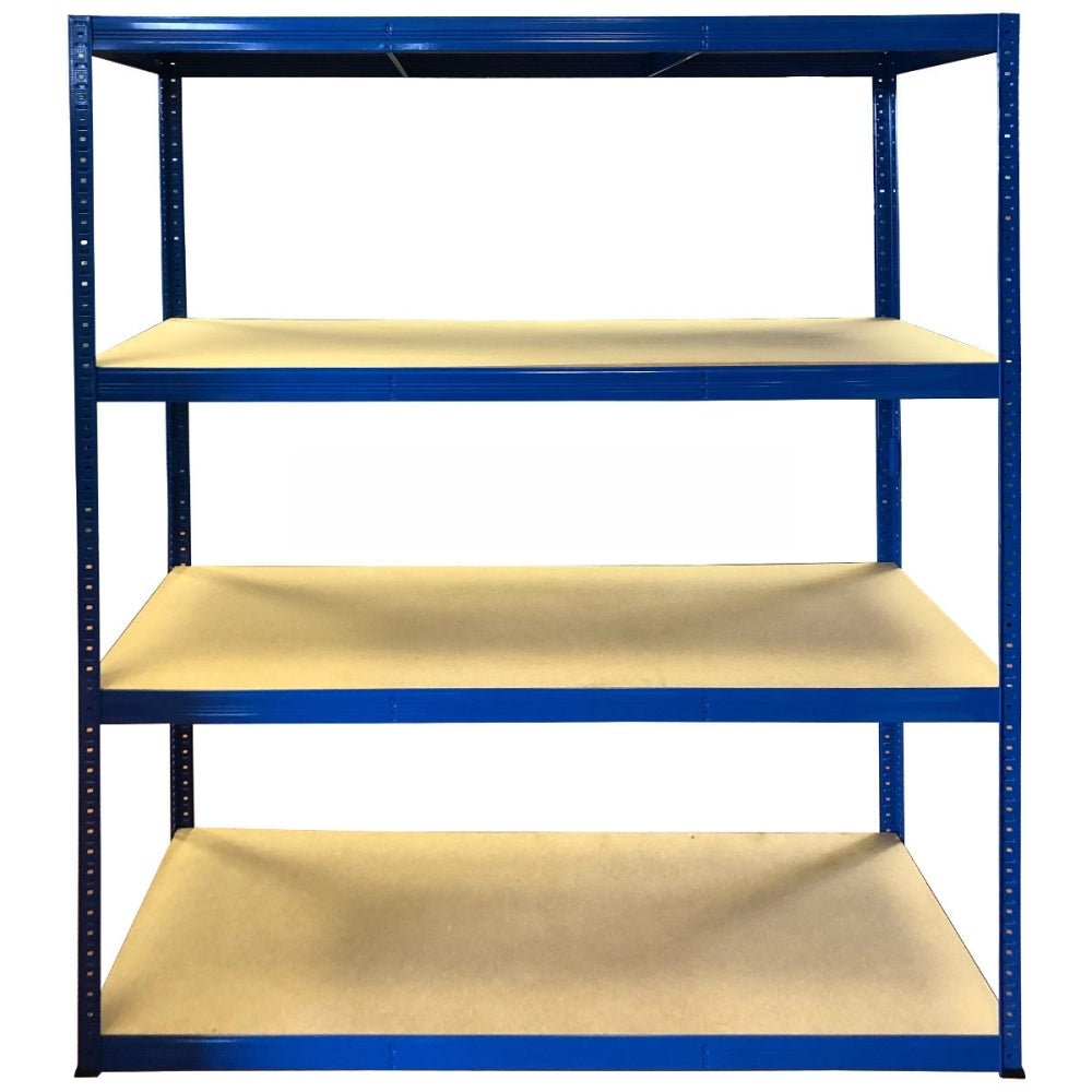 RackZone Value Shelving, 4 level, all blue steel with wooden shelves, front view.