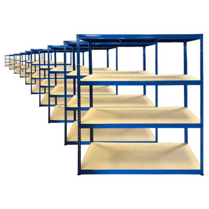 RackZone Value Shelving, all blue 4-level steel units, 10 bays for storage.