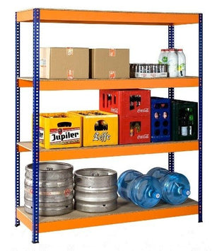 RackZone Value Shelving holds boxes, crates, kegs & jugs; 10 bay, 350kg UDL.