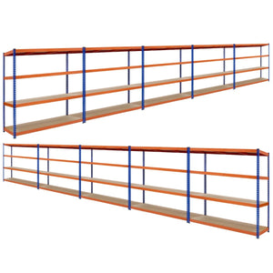 RackZone Value Shelving 4 Level 350kg UDL, Orange Blue, 10 Bays for heavy storage.