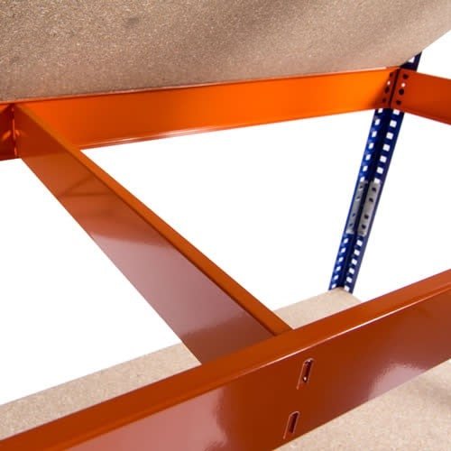 Close-up of RackZone Value Shelving, orange beams and blue frame, 4 levels.