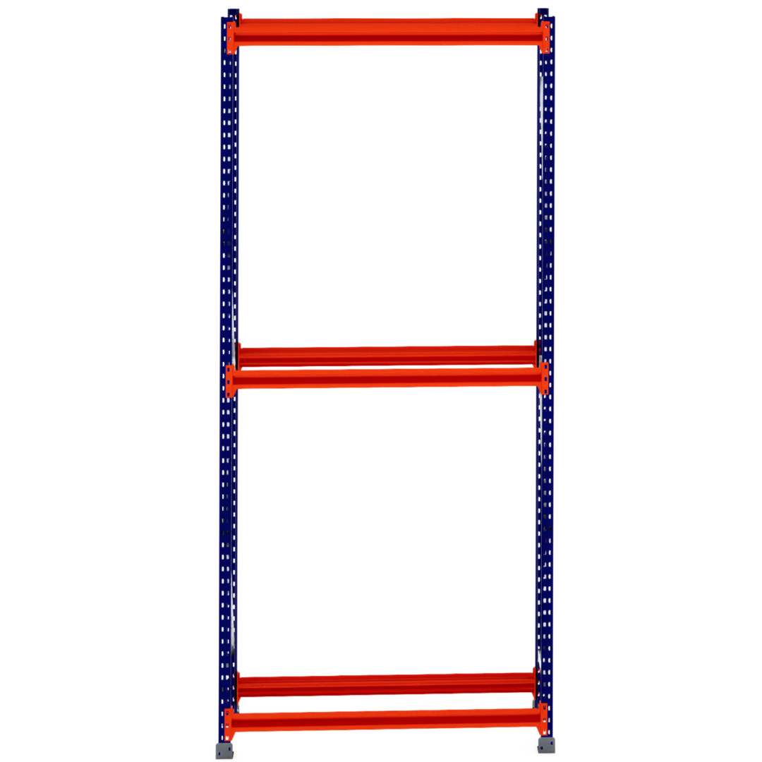 RackZone Tyre Racking 400mm Starter with 3 orange shelves and blue supports.