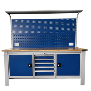 RackZone Industrial Workbench, Grey/Blue, with cabinets, drawers & pegboard.