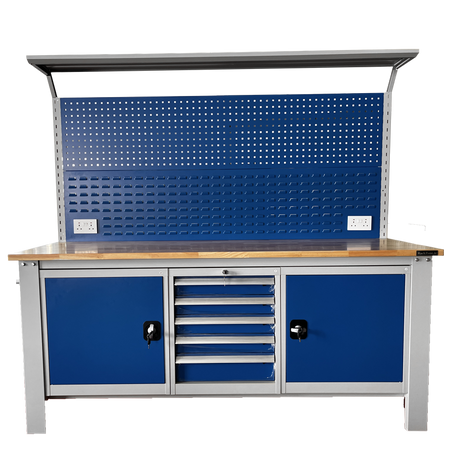 RackZone Industrial Workbench, Grey/Blue, with cabinets, drawers & pegboard.
