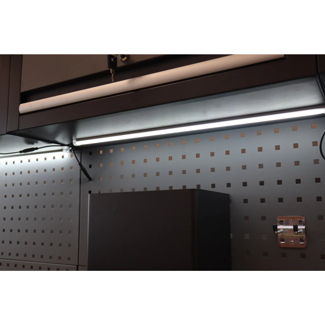Pegboard wall with cabinet, metal box, and RackZone LED light set (3-pack).