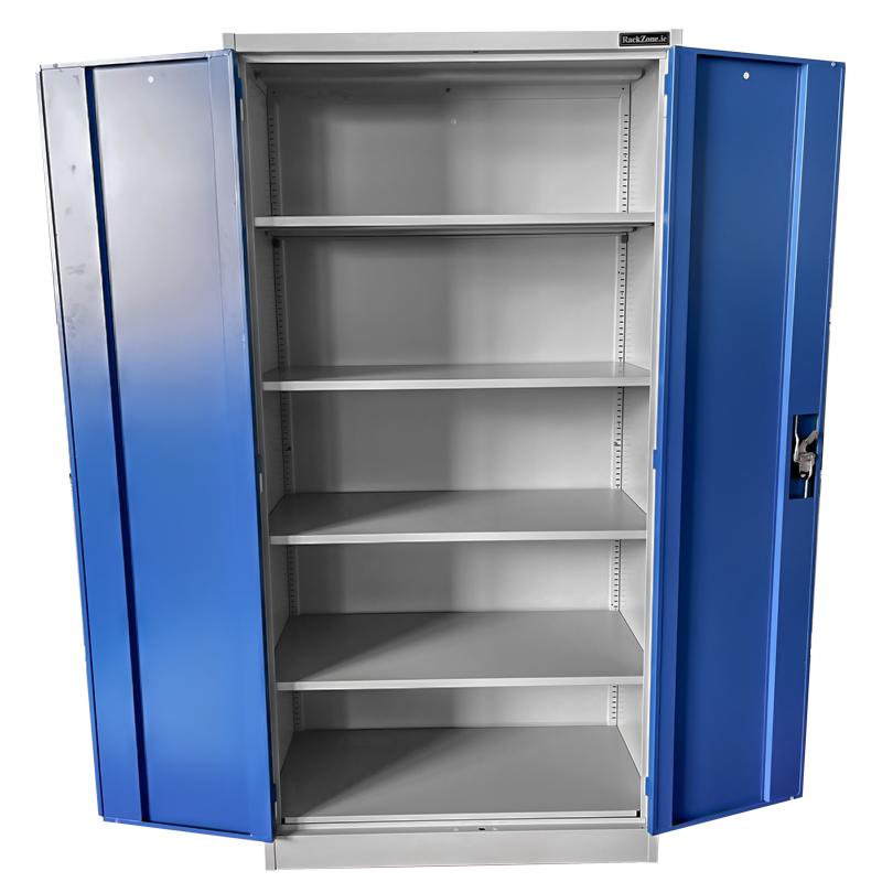 RackZone Two Door Storage Cabinet with blue locking doors and adjustable shelves.