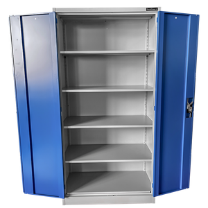 RackZone Two Door Storage Cabinet with blue locking doors and adjustable shelves.