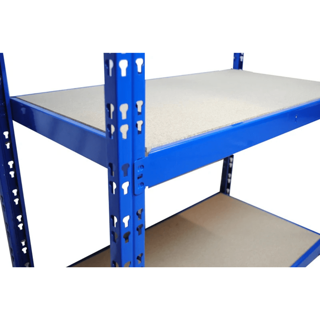 RackZone Value Shelving 2200h all blue starter, shown close up.