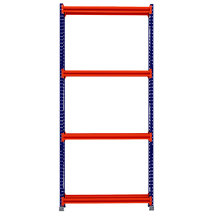 RackZone Tyre Racking 400mm Starter with 4 orange shelves, blue frame, front view.