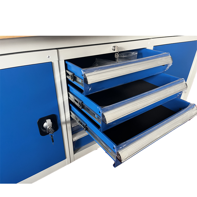 RackZone Industrial Workbench 2000H x 2100W x 600D in grey/blue, storage drawers.
