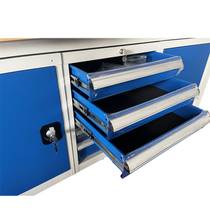RackZone Industrial Workbench 2000H x 2100W x 600D in grey/blue, storage drawers.
