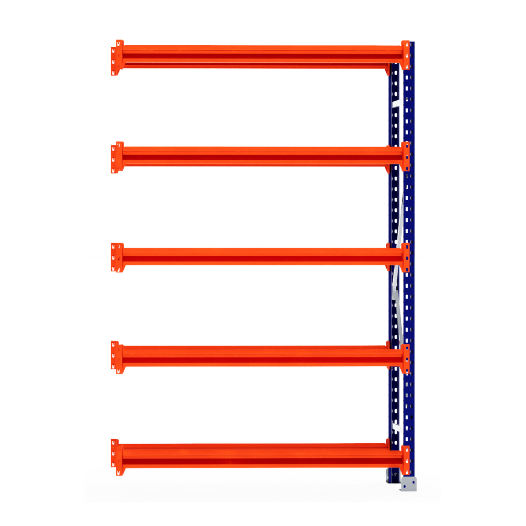 Five orange beams on a blue RackZone Tyre Racking Extender form shelving.