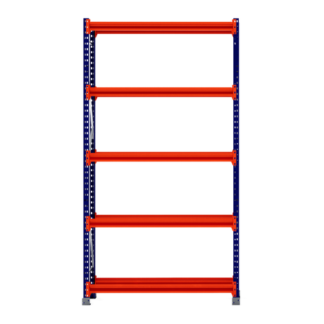 RackZone Tyre Racking 400mm Starter with 5 orange shelves and blue supports.