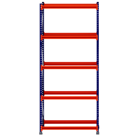 RackZone Tyre Racking 400mm Depth - Starter, five orange shelves, blue frame.