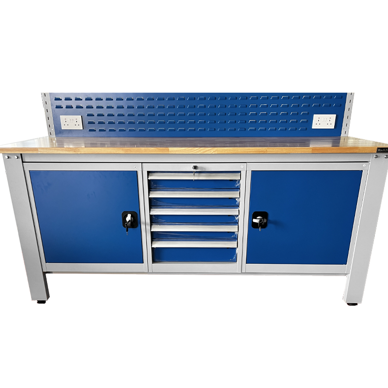 RackZone Industrial Workbench, grey/blue drawers, cabinets & power outlets.