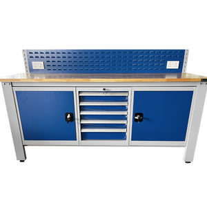 RackZone Industrial Workbench, grey/blue drawers, cabinets & power outlets.