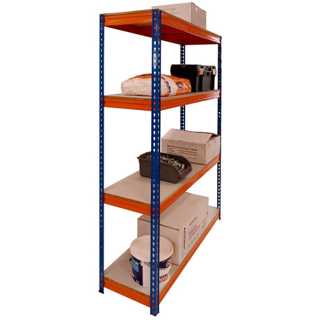 RackZone Shelving 2000h x1500w, 4 shelves, 600kg load, Orange/Blue.