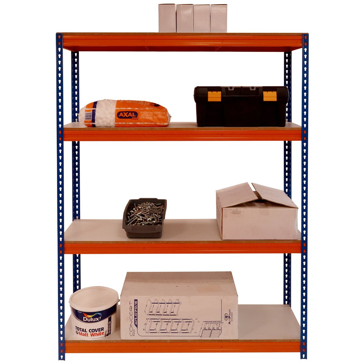 RackZone Shelving 2000h x 1500w, 4 levels, holds 600kg—ideal for tools and boxes.