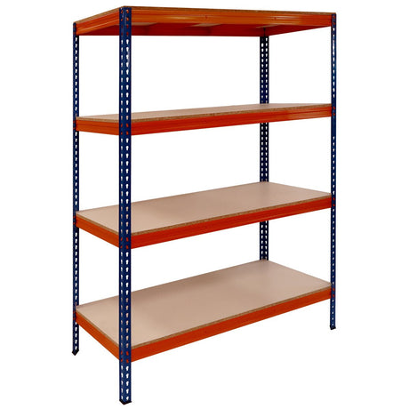 RackZone Shelving 2000h x1500w 600kg/level, 4 wood shelves, orange/blue.