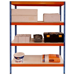RackZone Shelving 2000h holds boxes, toolbox, paint, and building materials.