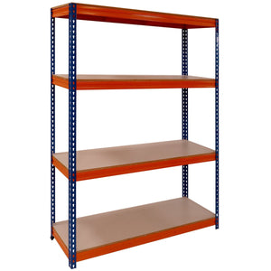 RackZone Shelving: 2000h x 1800w x 600d, orange/blue, 4 levels, 600kg/level.