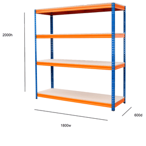 RackZone Shelving, 2000h x 1800w x 600d, 600kg/level, adjustable, Orange/Blue.