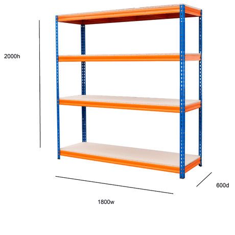 RackZone Shelving, 2000h x 1800w x 600d, 600kg/level, adjustable, Orange/Blue.