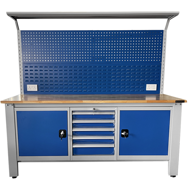 RackZone Industrial Workbench with drawers, cabinets & perforated back panel.