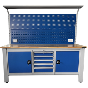 RackZone Industrial Workbench with drawers, cabinets & perforated back panel.