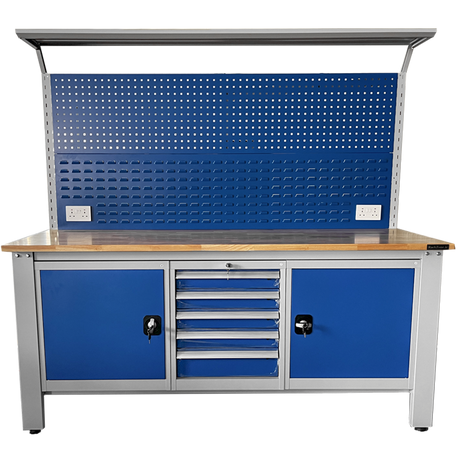 RackZone Industrial Workbench with drawers, cabinets & perforated back panel.