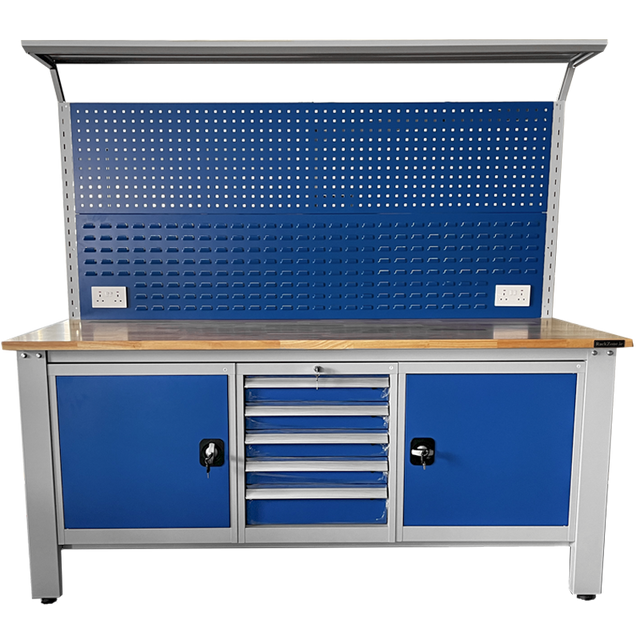RackZone Industrial Workbench with drawers, cabinets & perforated back panel.
