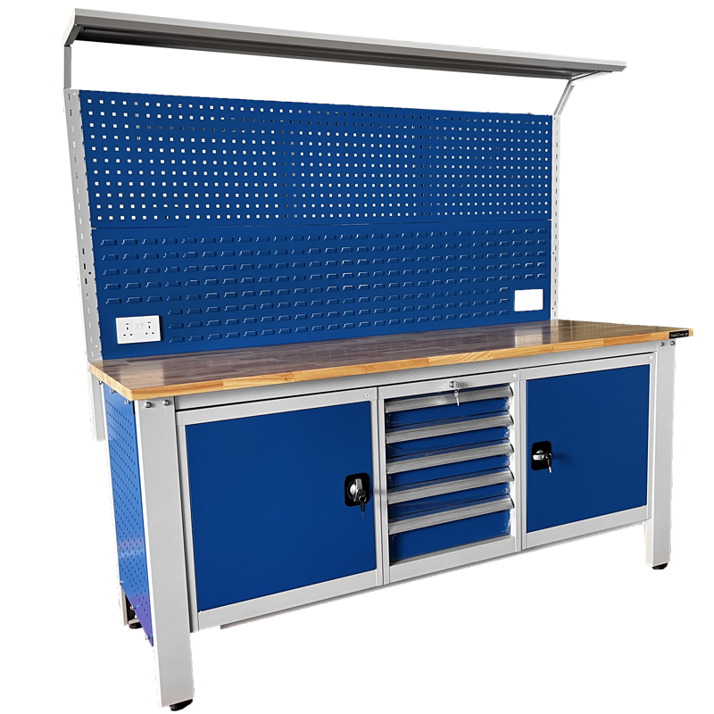 RackZone Industrial Workbench, Grey/Blue, with pegboard, drawers & shelf.