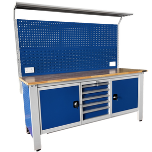 RackZone Industrial Workbench, Grey/Blue, with pegboard, drawers & shelf.