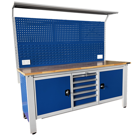 RackZone Industrial Workbench, Grey/Blue, with pegboard, drawers & shelf.
