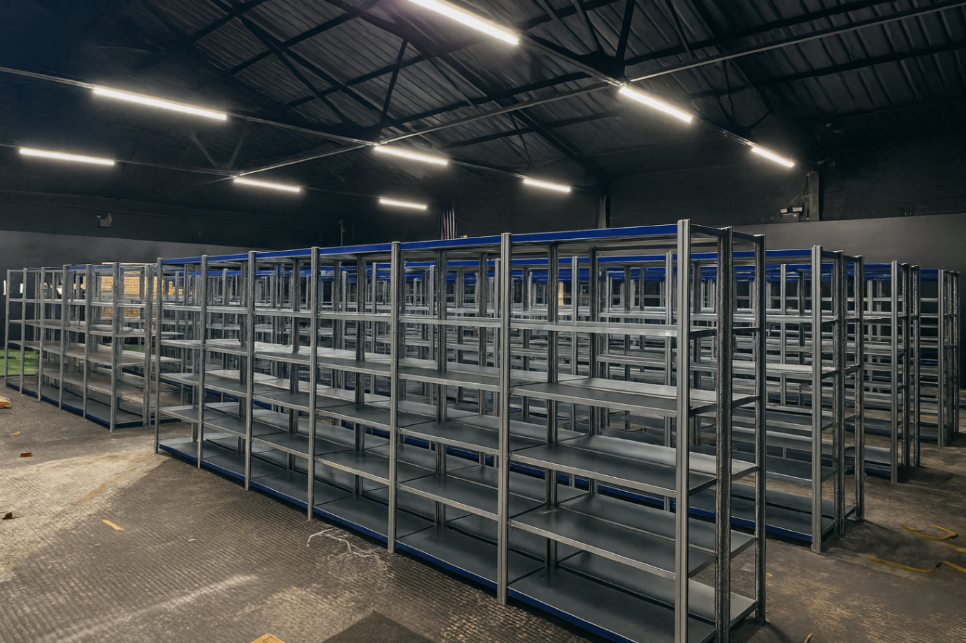 Galvanised shelving in a store room of a motor factors for storing small parts 