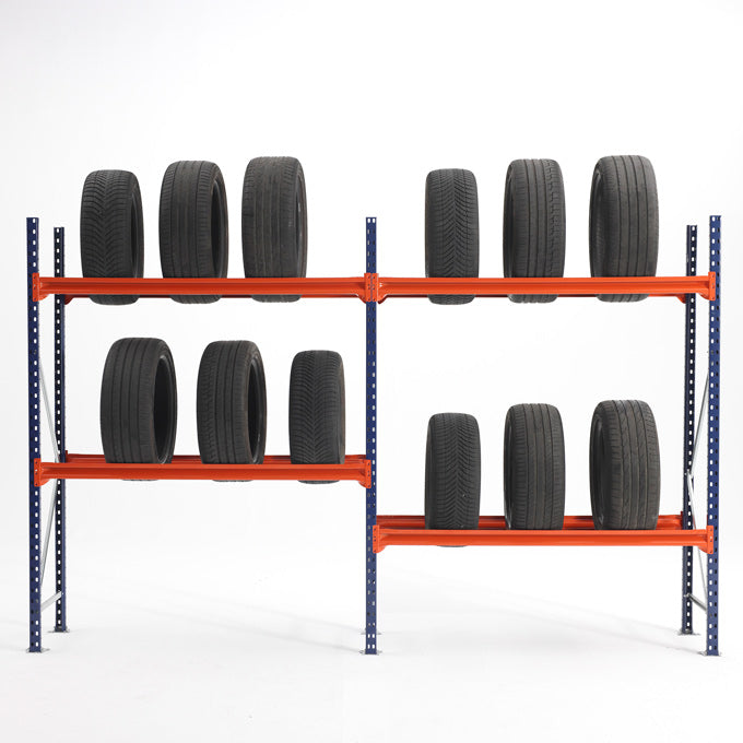 Two RackZone Tyre Racking 400mm shelves with car tires on a white background.