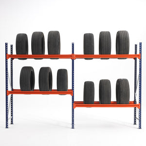 Two RackZone Tyre Racking 400mm shelves with car tires on a white background.