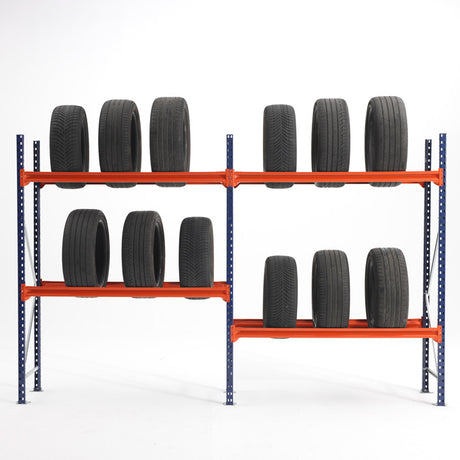 Two RackZone Tyre Racking 400mm shelves with car tires on a white background.