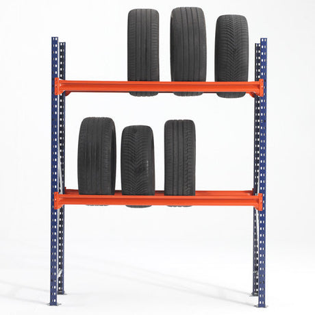 Two shelves with seven car tires on a RackZone Tyre Racking 400mm Starter.