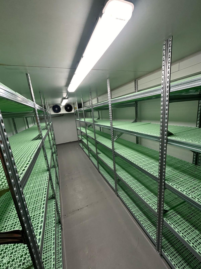 galvanised shelving in a cold room