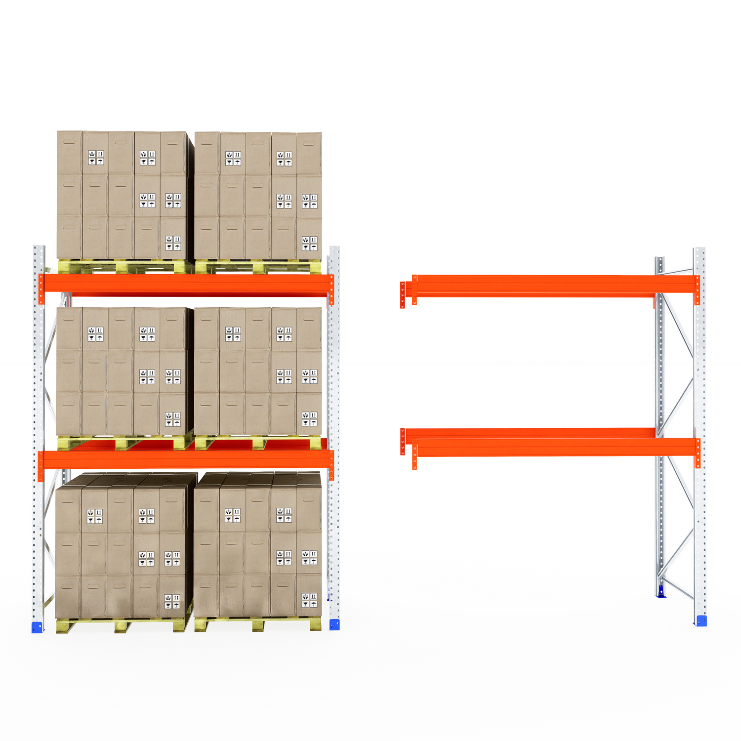 RackZone Pallet Racking 1100mm Depth - Starter: one stocked, one empty shelf.