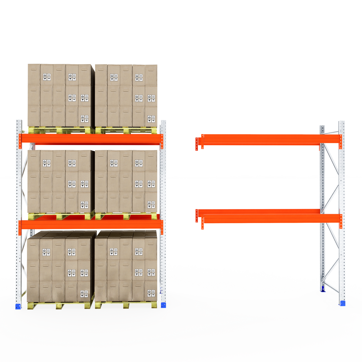 RackZone Pallet Racking 1100mm Depth - Starter: one stocked, one empty shelf.