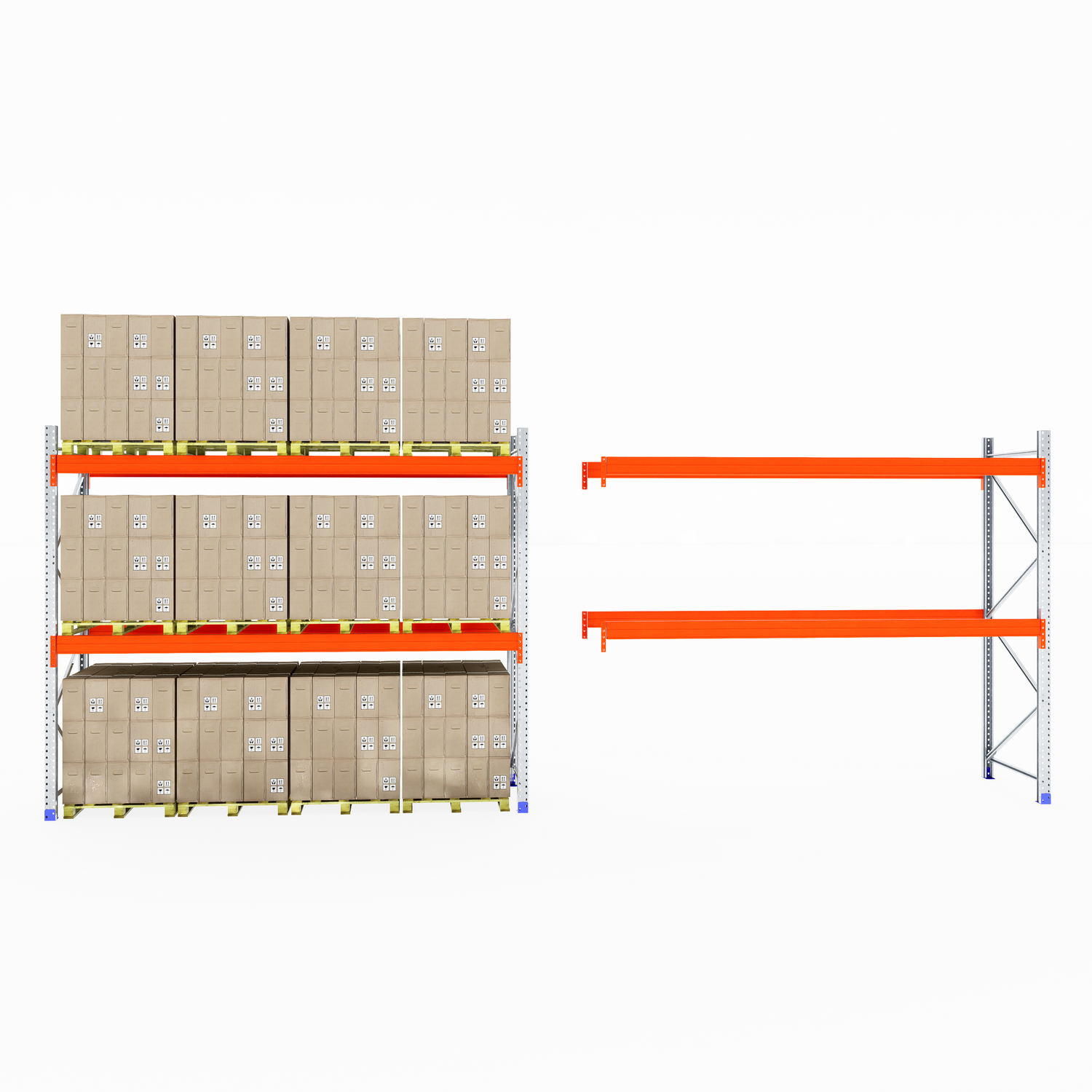 RackZone Pallet Racking 1100mm Starter empty, shelving with boxes on left.