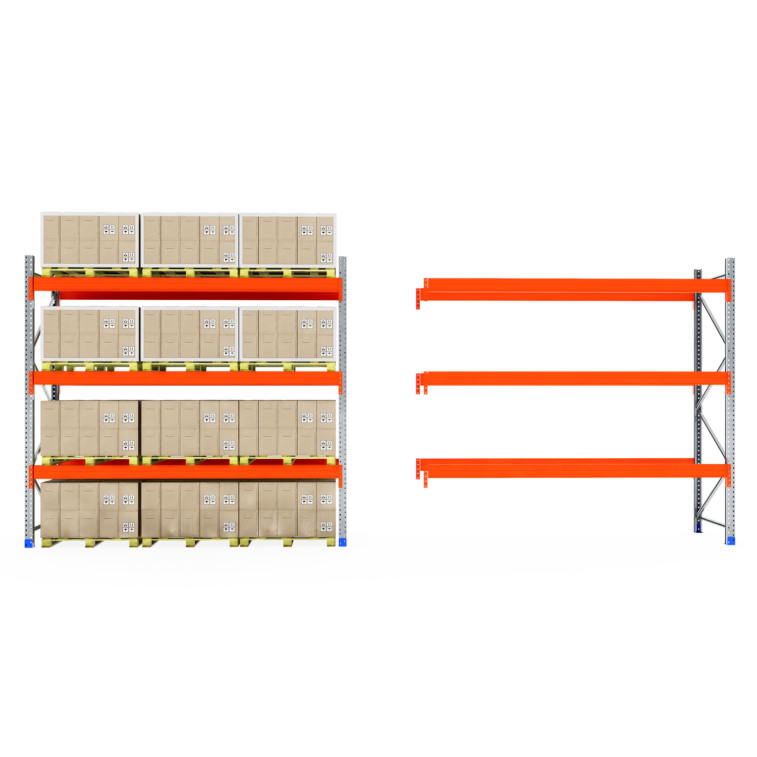 RackZone Pallet Racking Extender: 1 full of boxes, 1 empty with orange shelves.
