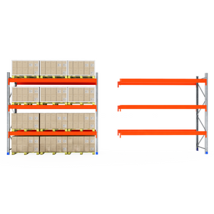 RackZone Pallet Racking Extender: 1 full of boxes, 1 empty with orange shelves.