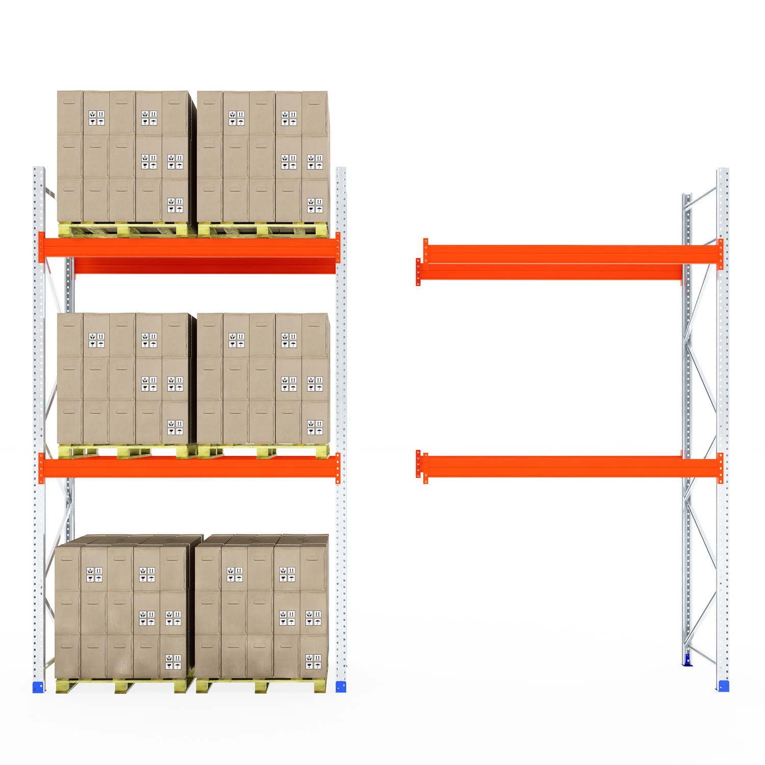 RackZone Pallet Racking 1100mm Starter empty, metal shelves with boxes left.